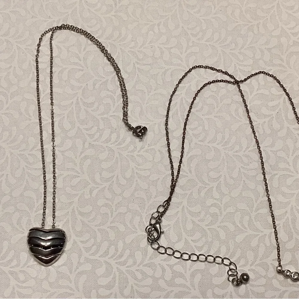 Two  Necklaces Silvertone Chain w/Heart and Coppertone Chain with Faux Crystals